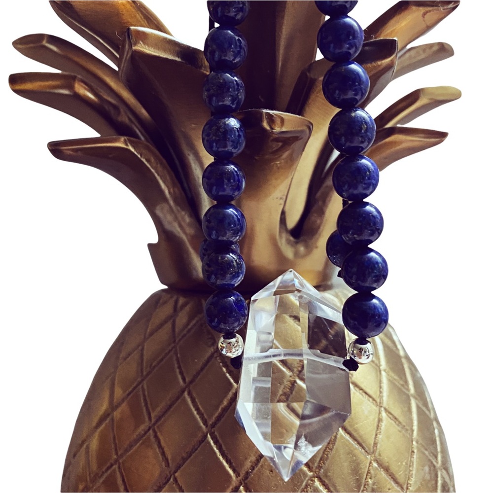 Big Natural Clear Crystal with 8 mm Real Lapis Stone. Knitted - Genuine …